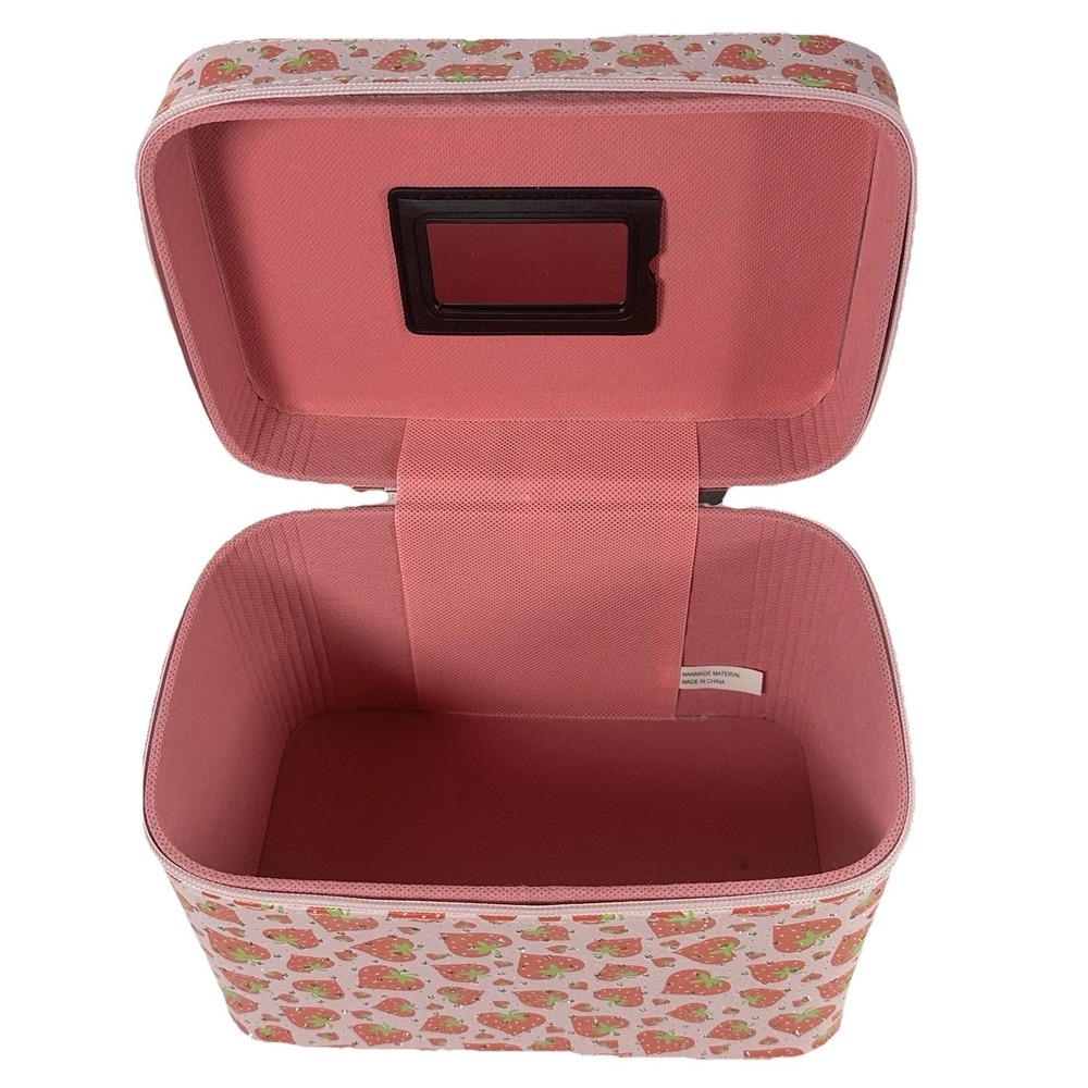 Pink Strawberry Makeup Train Case Cosmetic Bag Glitter Vanity Storage Case Y2K - Picture 7 of 11